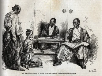 O juiz de instrução, no exercício das suas funções, ajoelhado à sua frente, acusa-o de samurai. Gravura para ilustrar a viagem ao Japão em 1863-1864, de Aime Humbert, ministro da Confederação Suíça, em "Le tour du monde, nouveau jo