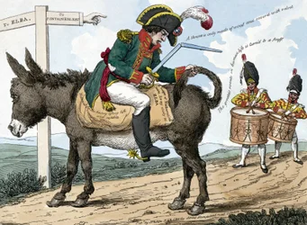 A viagem de um herói moderno, para a ilha de Elba. A viagem de um herói moderno para a ilha de Elba. Este desenho animado mostra Napoleão Bonaparte sentado num burro na estrada de Fontainebleau para a ilha de Elba; ele segura um estojo de espadas numa mão 