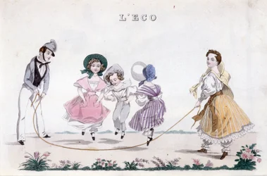 A corda de saltar, grupo de crianças da burguesia a brincar. 1830