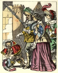 O rei, a princesa e o marquês de Carabas chegam ao castelo do ogre que precede a bota do gato. Ilustração do conto "A bota do gato" de Charles Perrault