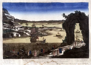 O desembarque dos franceses para o estabelecimento da nova colónia no porto de Nouvelle Cayenne (ou France Equinoxiale)