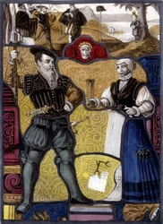 A lenda do Guillaume Tell. (William Tell) Gravura de um vitral suíço, do final do século XVI.