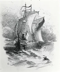 A lenda do navio fantasma ou do Holandês Voador: um comandante holandês que queria desafiar o destino teria sido condenado a vaguear para sempre no seu navio, trazendo infortúnio aos navios que cruzavam o seu caminho. Gravura do século XIX.