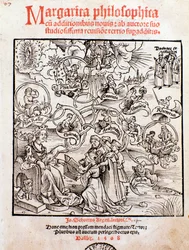 As artes liberais: trivium (gramática, lógica e retórica) e quadrivium (aritmética, geometria, música e astronomia) (gravura)