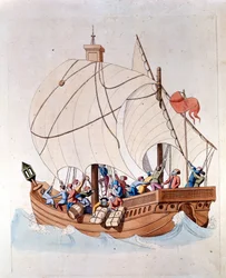O carregamento de uma caravela do século XIII está no mar.