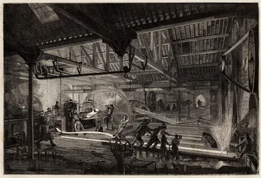 A fabricação dos trilhos nas antigas forjas de Le Creusot, as tiras de aço, brancas de calor, estendem-se em trilhos entre os laminadores. Gravura para ilustrar uma viagem ao Creusot e às minas de Saone e Loire, em 1865, por L. Simonin, em "Le tou
