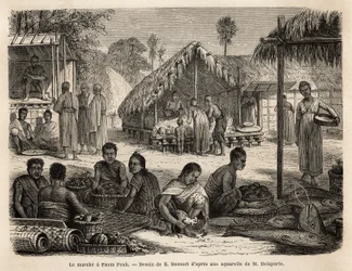 O mercado em Phnom Penh, onde lojistas e comerciantes chineses da Malásia oferecem uma vasta gama de produtos de consumo e fabricação. Gravura para ilustrar a viagem de exploração na Indochina, de Francis Garnier, tenente de Vaissseau, em 1866-1868,