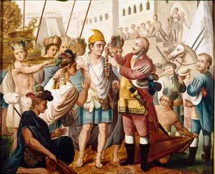 O encontro entre Hernán (ou Hernando) Cortes ou Fernand Cortez (1485-1547) e o rei asteca Montezuma (ou Moctezuma: 1466 - 1520) em novembro de 1519 Pintura anônima do século XIX. Museu da América, Madrid.