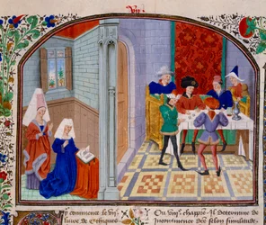 O jogo em miniatura do manuscrito "Comentário sobre Ética" do filósofo grego Aristóteles (383-322 AC) traduzido por Nicolas Oresme (1325-1382)