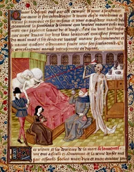 O paciente é atingido pela morte em miniatura tirada do "Le Tresor de Sapience" (ou "Le traite du jardin amoureux") de Jean Gerson (1363-1429) Chantilly do século XV, Musee Conde