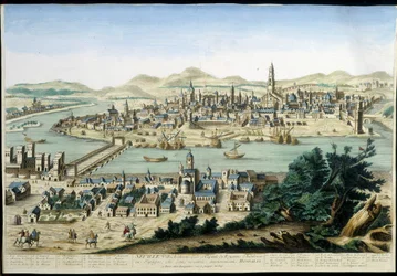 O porto e a cidade de Sevilha - gravura do século XVIII.