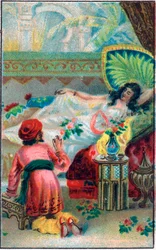 O príncipe e a princesa. Conto "Histoire du cheval enchante" em "Les mille et une nuits "(les 1001 nuits ou Le mille e una notte, Arabian Nights). Cromolitografia do final do século XIX.