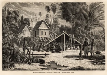 A produção de cerâmica em Saniaboury (Laos). Gravura para ilustrar a viagem de exploração na Indochina, de Francis Garnier, tenente de Vaissseau, em 1866-1868, publicada em "Le tour du monde" 1870-1871, editada por Edouard Charton, edição Hac