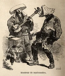 O espetáculo de marionetes e o músico que o acompanha para o entretenimento de rua. Gravura para ilustrar a viagem ao Japão, de Aime Humbert, ministro da Confederação Suíça, em 1863-1864, publicada em "le tour du monde", sob a direção de Ed