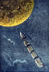 O foguete lançado ao espaço chegando à Lua - grav. em "From the Earth to the Moon" por Jules Verne