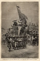 A bandeira real, no sowari (procissão militar), em Baroda (ou Vadodara), estado de Gujarat, na costa nordeste da Índia. Gravura para ilustrar a viagem na Índia dos Rajahs, de Louis Rousselet, em 1864-1868, publicada em "Le tour du monde