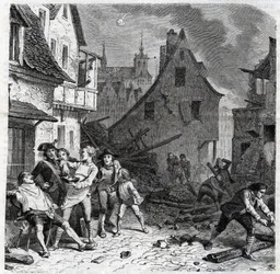 O prato de barbear de Lille. Um episódio do Cerco de Lille em 1792 durante as Guerras Revolucionárias Francesas - Le siege de Lille en octobre 1792 - Revolution francaise - Bombardement by Austrians and Prussians - Barber uses half a bombardement as a bear