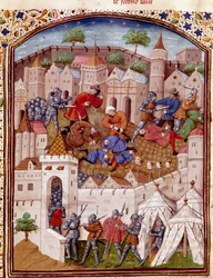 O cerco de uma cidade e o massacre dos seus habitantes Miniatura tirada de "Os Fatos dos Romanos" (ou Li Fet dos Romanos), compilada em conjunto de Saluste e Suetoine e Lucan. Século XV (ms. 1055, fol. 417) Chantilly, Musee Conde