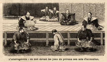 As etapas da justiça: o interrogatório, a leitura da acusação ao acusado, que se coloca diante de seus juízes, os joelhos, o pescoço segurado por uma corda segurada por um guarda. Gravura para ilustrar a viagem ao Japão, em 1863-1864, de Aime Humbert, mini