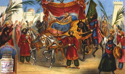A entrada triunfante de Saladino (1138-1193) (Salah al Din Yusuf al-Ayyyubi (al Ayyubi), o vizir, na cidade de Jerusalém em 1187. Cromolitografia de Liebig, do século XIX.