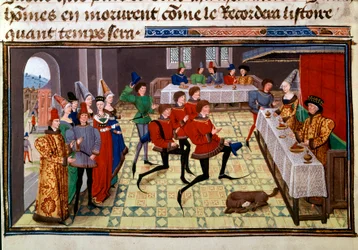 O banquete de casamento no casamento de Clarisse, filha do Rei Yvon de Gasconha e de Renaud Miniature do manuscrito "Renaud de Montauban" ou "Les quatre fils Aymon" de Loyset Liedet (activo entre 1448 e 1478). Ms. 5073. Bibliotéca do século XV.
