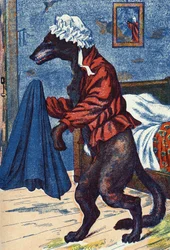 O lobo veste as roupas da avó. Ilustração anónima para «Capuchinho Vermelho», conto de Charles Perrault (1628-1703), escritor francês. Imagens Marcel Vagne, Jarville Nancy, sem data (final do século XIX).
