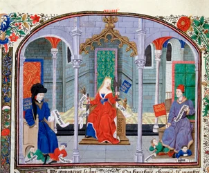 Teoria da Justiça. Miniatura do manuscrito (Ms 927 Fol.71v) "Commentary on Political and Economic Ethics" do filósofo grego Aristóteles (383-322 BC) traduzido por Nicolas Oresme (1325-1382)