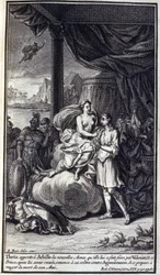 Thetis traz para Aquiles as novas armas que ela lhe fez por Vulcano; e este príncipe, depois de tê-las recebido, renuncia à sua ira contra Agamenón e se prepara para vingar a morte de seu amigo. Ilustração do livro XIX da Ilíada de Homero, Frenc