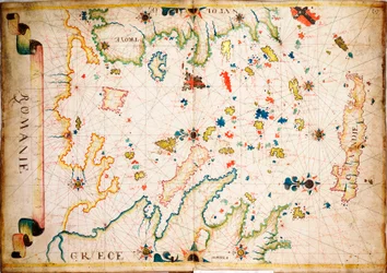 Este tipo de carta marítima primitiva em velino teve origem no Mediterrâneo no século XIII, c.1610 (manuscrito)