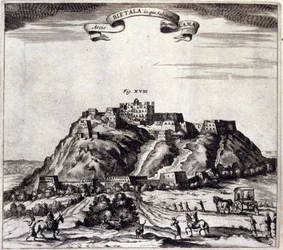 No Tibete. Vista do Pothala, palácio ou do Dalai Lama em Lhasa. "De China Monumenta" de Athanasius Kircher (1601 - 1680), jesuíta, orientalista e erudito alemão, Amsterdam 1667.