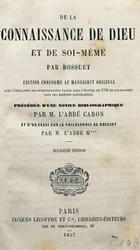 Página de título de "O conhecimento de Deus e de si mesmo" pelo teólogo e bispo francês Jacques-Benigne (Jacques Benigne) Bossuet (1627-1704). 1857.