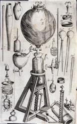 Ferramentas para experiências científicas - em "Nova experimenta physico-mechanica de vi aeris elastica, et ejusdem effectibus, facta maximam partem in nova machina pneumatica" por Robert Boyle