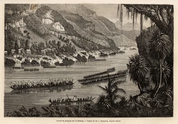 Tradicional corrida de canoa no rio Mekong, organizada todos os anos no final da estação chuvosa, como uma prestigiada competição entre as aldeias piscatórias e agrícolas próximas do rio. Gravura para ilustrar a viagem de exploração na Indochina, por Fran