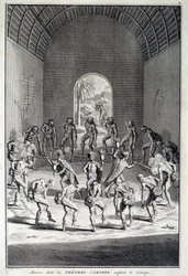Dança tradicional: Ritos na dança da coragem dos karibs, Índias Ocidentais (América Central). Gravura do século XVIII. Chartres, Museu de Belas Artes