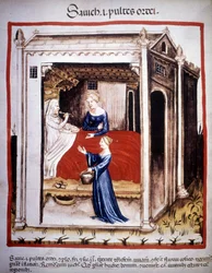 Tratado de medicina "Tacuinum sanitatis" do século XIV: um paciente assistido por enfermeiros. B.N., Viena.