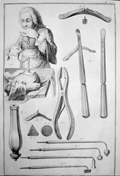 Trepanação do crânio, diversos instrumentos (gravura)