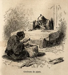 Dois trabalhadores, cada um com um martelo e um furador, estão esculpindo tubos de metal em sua oficina. Gravura para ilustrar a viagem ao Japão, de Aime Humbert, ministro da Confederação Suíça, em 1863-1864, publicada em "le tour du monde", sob a direção