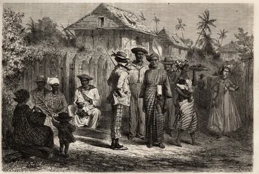 Tipos de indígenas Cayenne (Guiana Francesa), mulheres vestidas de madras (vestido com nós) e vestidas com turbantes coloridos, os homens adotaram o traje ocidental. Gravura para ilustrar a viagem na Guiana Francesa em 1862-1863, de Frederic Bouyer, ca