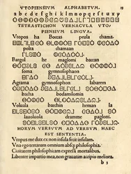 Utopiensium Alphabetum" (Alfabeto Utópico) da terceira edição de 1518 da 