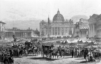 Concílio Vaticano I. Roma, Praça de São Pedro, num dia de sessão geral do Concílio. 1870