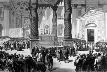 Concílio Vaticano I. Roma. Os prelats atravessam a Basílica de São Pedro até ao Salão do Concílio. 1870