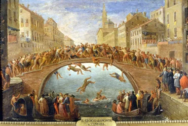 Veneza, o jogo da ponte. Pintura anónima. Século XVIII. Col. privado.