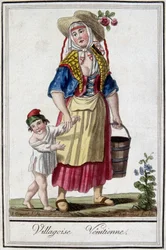 Uma aldeia Veniciana com o filho. Gravura do século XVIII.