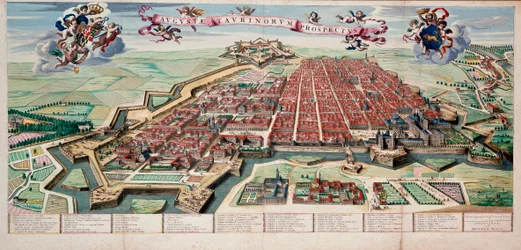 Vista e mapa da cidade de Turim (Piemonte Torino) em 1700 Coloree print.