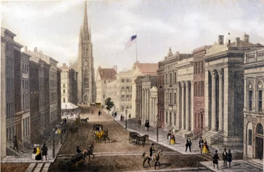 Vista de Nova Iorque: Vista de Wall Street de William Street. Sd Litográfico. Por volta de meados do século 19.