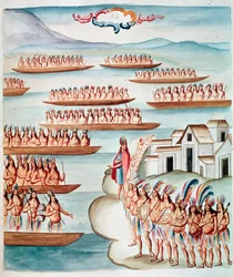 Vista de Tlatelolco rodeado pela lagoa, México (Aquarela, c.1770-1780)