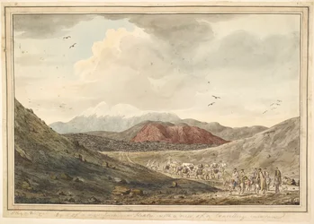 Vista de uma montanha, perto de Hekla, com vista de uma caravana itinerante.