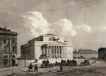 Vista do Teatro Bolchoi em Moscou, Rússia, em 1838 Gravura do século XIX