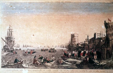 Vista da Cidade e do Porto de Tunes em barbaridade no Mar Mediterrâneo - Piratas capturados que chegam ao Porto de la Goulette em Tunes. Gravura do século XVIII.