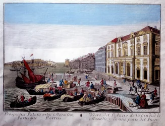 Vista do Hotel de Ville e parte do Porto de Marselha Cena de actividades de comércio e descarga de mercadorias no cais. Gravura anónima do século XVIII Marselha, Musee de la Marine